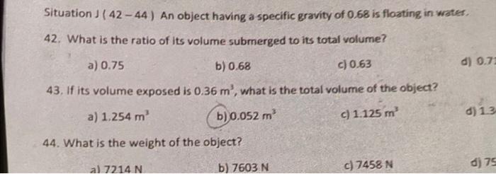 Solved An Object Having A Specific Gravity Of Is Chegg