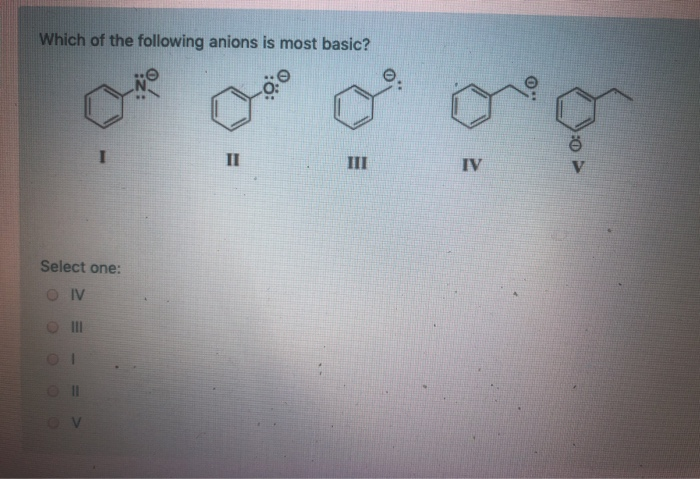 Solved Which Of The Following Anions Is Most Basic Select Chegg