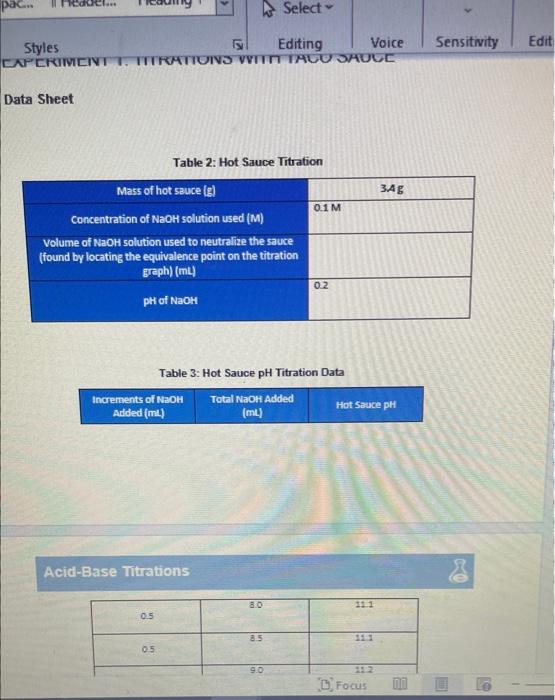 Solved EXPERIMENT 1 TITRATIONS WITH TACO SAUCE Duta Sheet Chegg