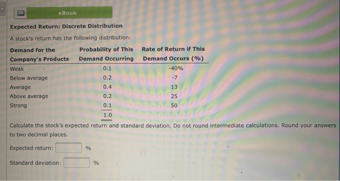 Solved EBook Expected Return Discrete Distribution A Chegg