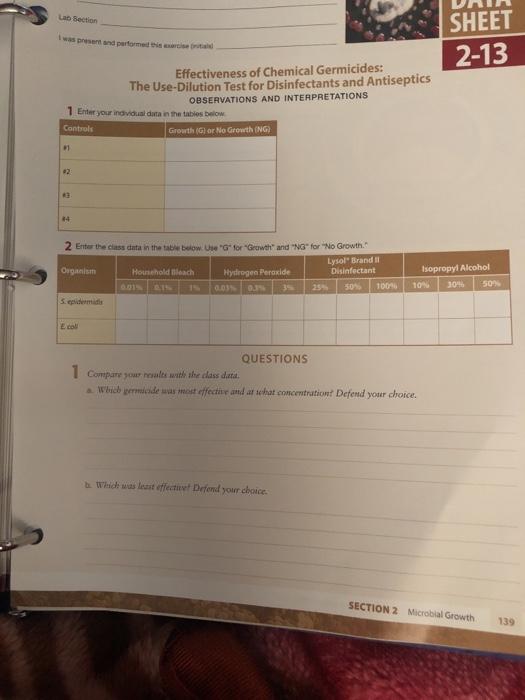 La Section Sheet Effectiveness Of Chemical Chegg