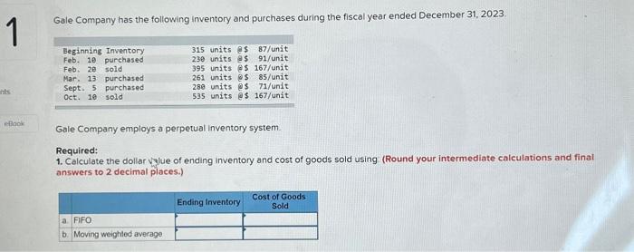 Solved 1 Nts EBook Gale Company Has The Following Inventory Chegg