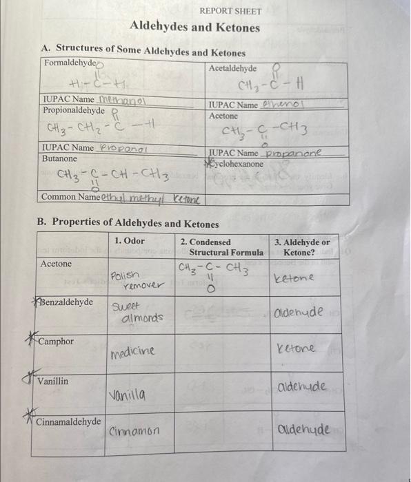 Solved Report Sheet Aldehydes And Ketones B Properties Of Chegg