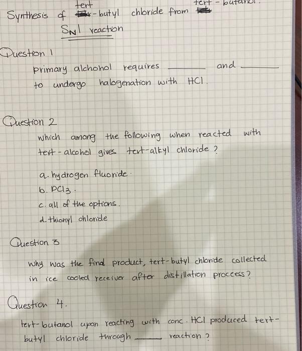 Solved Tert Tert Synthesis Of Butyl Chbride From A Sul Chegg