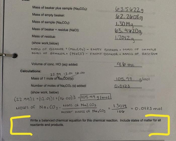 Solved Mass Of Beaker Plus Sample Na Co Mass Of Empty Chegg