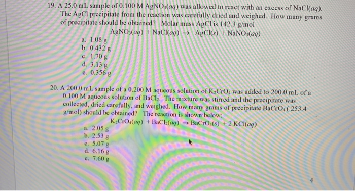 Solved 19 A 25 0 ML Sample Of 0 100 M AgNO3 Aq Was Allowed Chegg