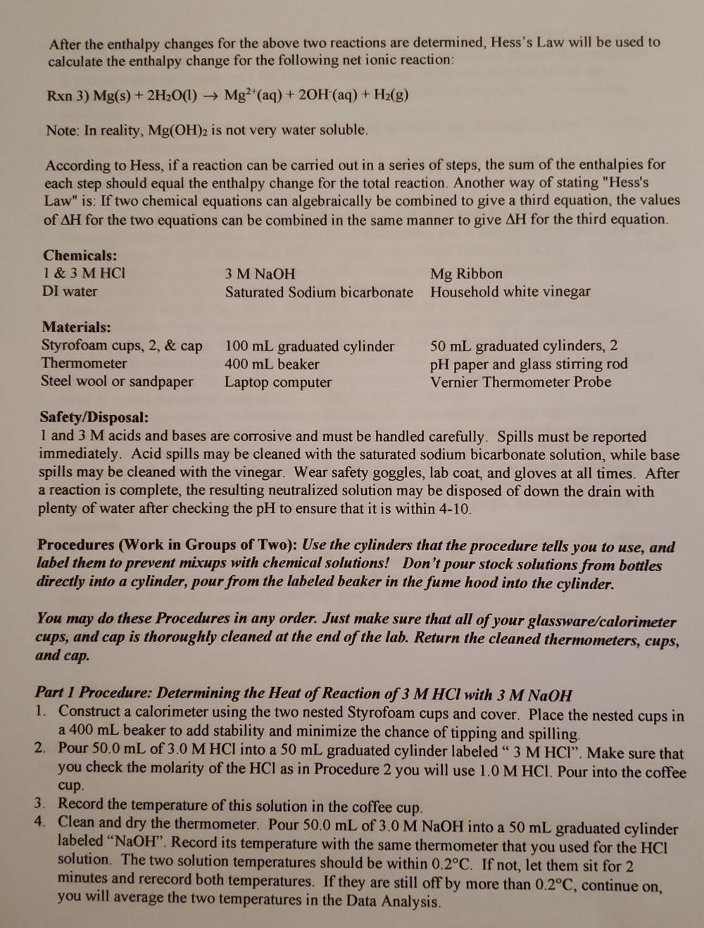 Solved Experiment Thermochemistry And Hess S Law Purpose Chegg