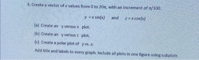 Solved 4 Create A Vector Of X Values From 0 To 20x With An Chegg