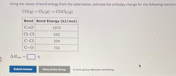 Solved Using The Values Of Bond Energy From The Table Below Chegg