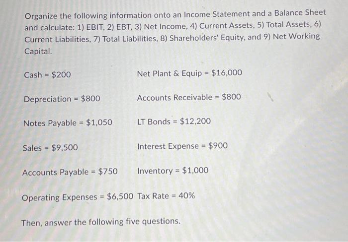 Solved Organize The Following Information Onto An Income Chegg