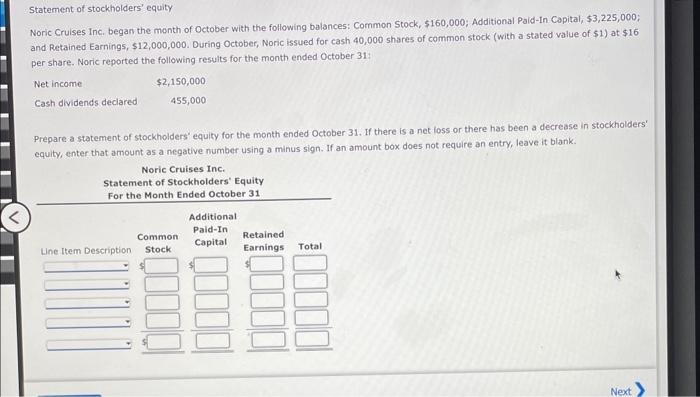 Solved Statement Of Stockholders Equity Noric Cruises Inc Chegg