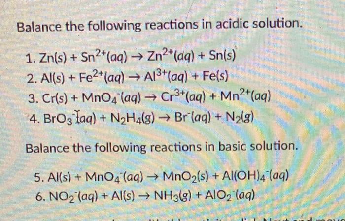 Solved Balance The Following Reactions In Acidic Solution Chegg