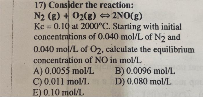 Solved Consider The Reaction N G O G No G Chegg