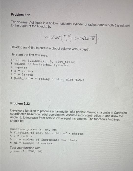 Solved The Volume V Of Liquid In A Hollow Horizontal Chegg