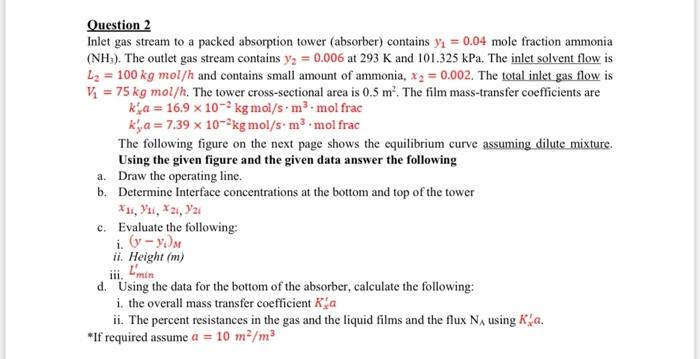 Solved Question 2 Inlet Gas Stream To A Packed Absorption Chegg