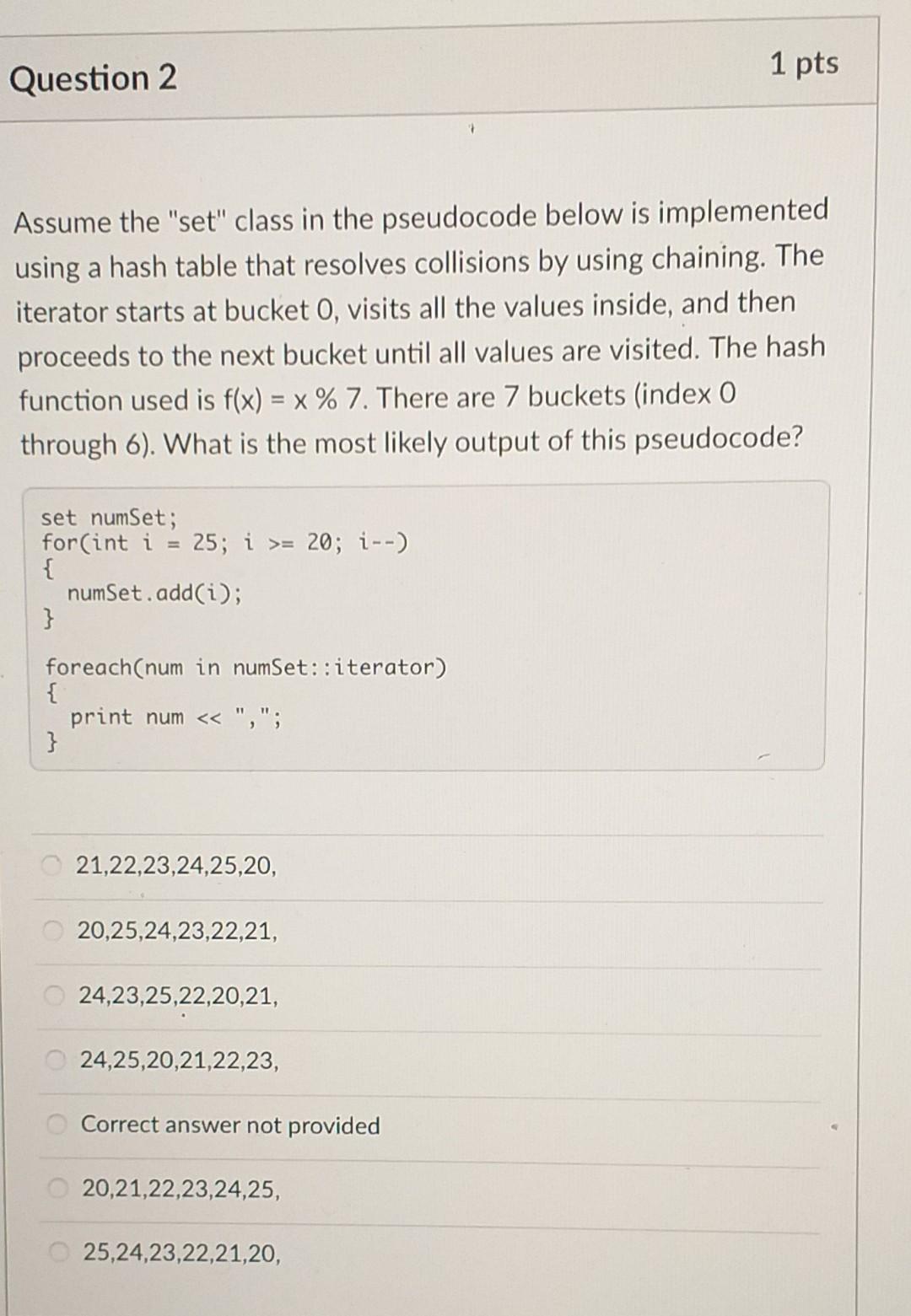 Solved Question Assume The Set Class In The Pseudocode Chegg