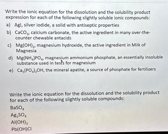 Solved Write The Ionic Equation For The Dissolution And The Chegg