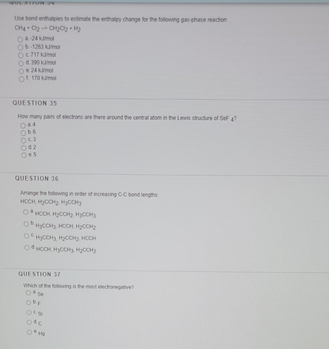 Solved QUESTION 34 Use Bond Enthalpies