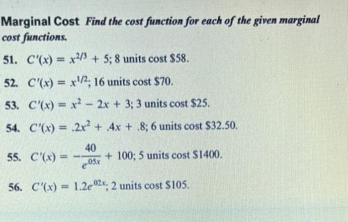 Solved Marginal Cost Find The Cost Function For Each Of The Chegg