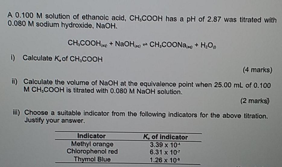 Solved A 0 100 M Solution Of Ethanoic Acid CH COOH Has A PH Chegg