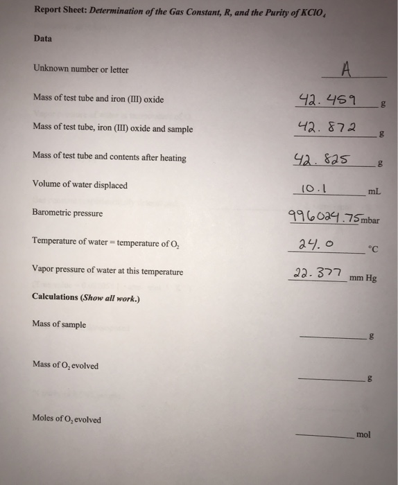 Solved Report Sheet Determination Of The Gas Constant R Chegg