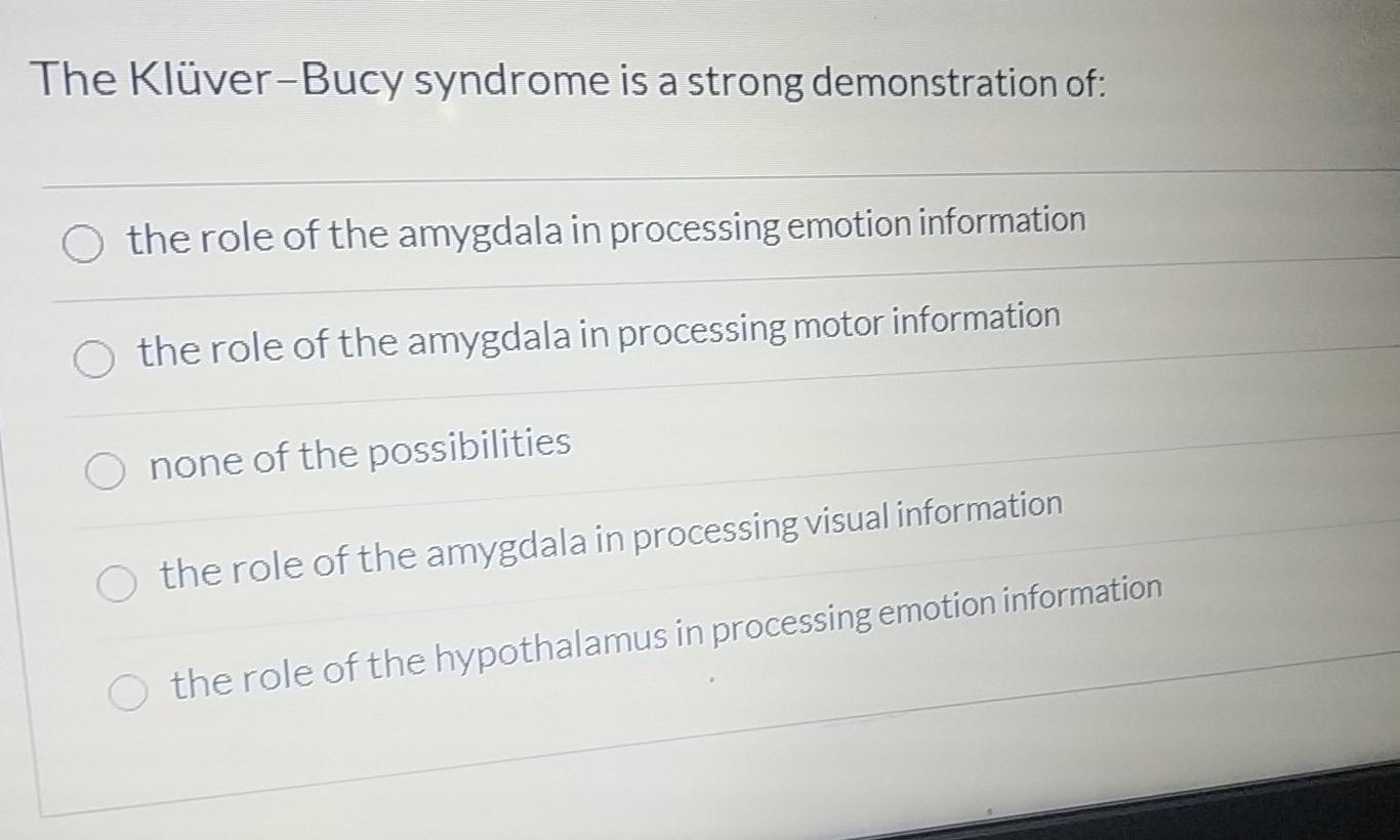 Solved The Klüver Bucy syndrome is a strong demonstration Chegg