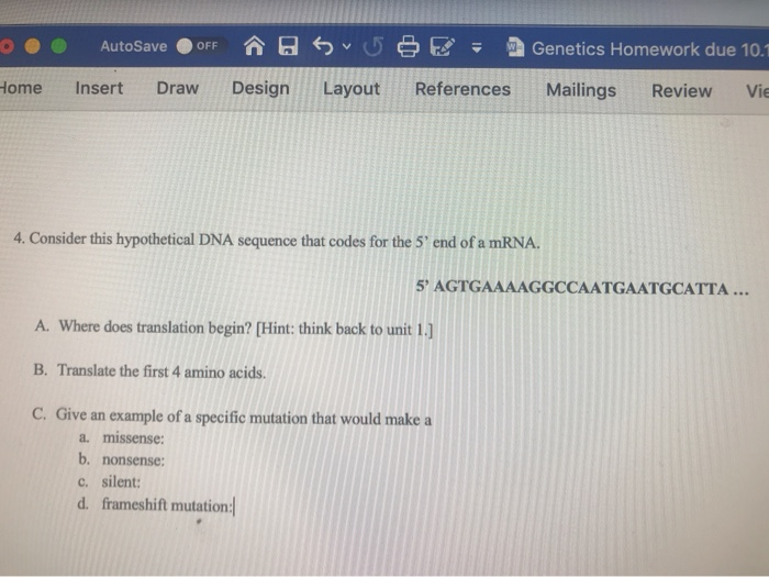 Solved Autosave Off W Genetics Homework Due Home Insert Chegg