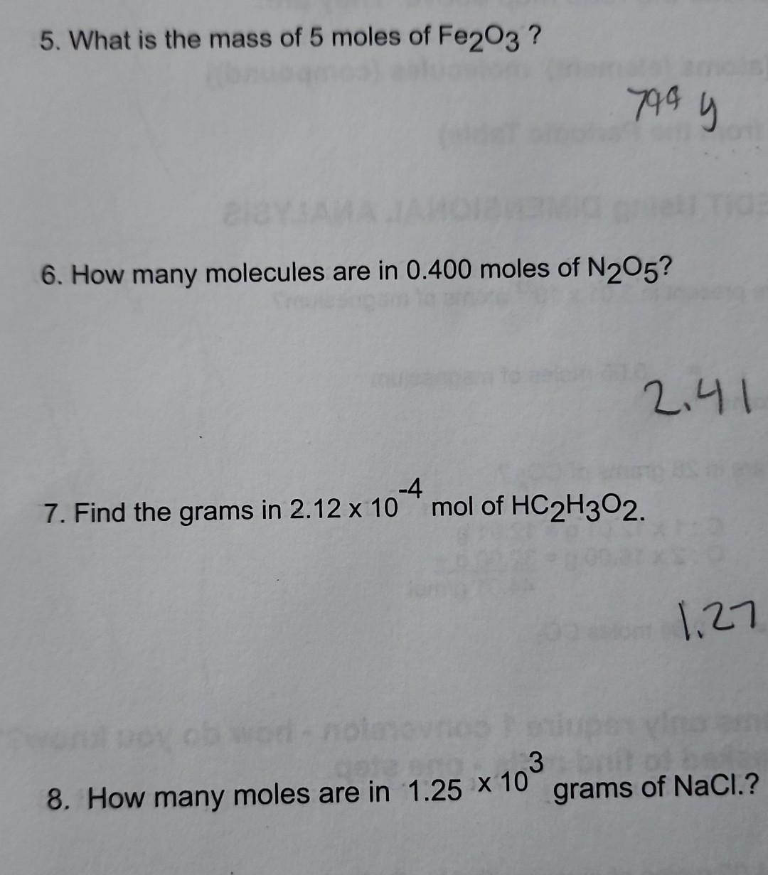 Solved 5 What Is The Mass Of 5 Moles Of Fe2O3 799y 6 How Chegg