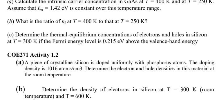 Solved A Calculate The Intrinsic Carrier Concentration In Chegg