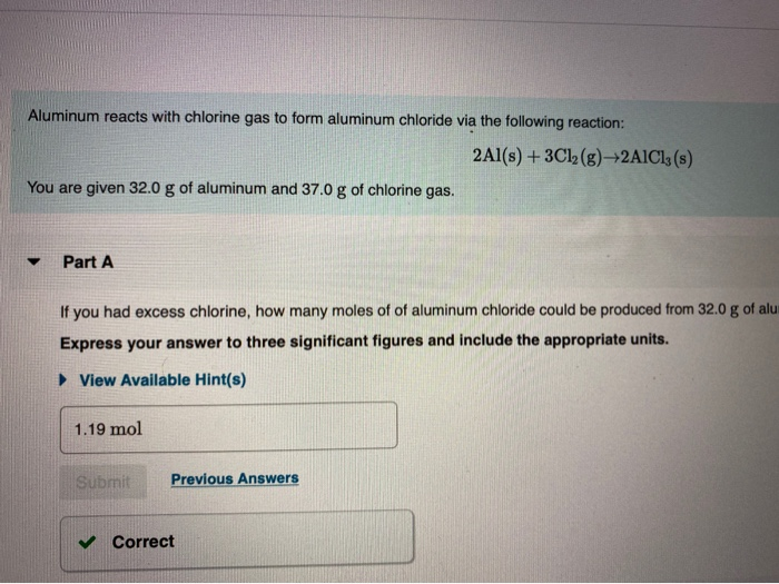 Solved Aluminum Reacts With Chlorine Gas To Form Aluminum Chegg