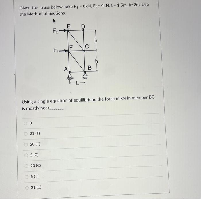 Solved Given The Truss Below Take F1 8kN F2 4kN L 1 5 M Chegg