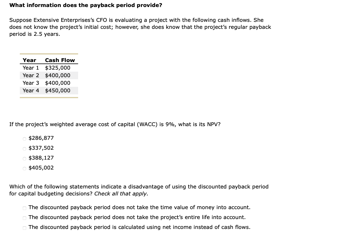 Solved What Information Does The Payback Period Chegg