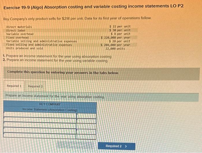 Solved Exercise 19 9 Algo Absorption Costing And Variable Chegg