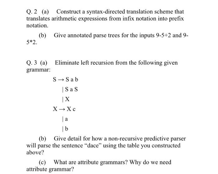 Solved Q 2 A Construct A Syntax Directed Translation Chegg