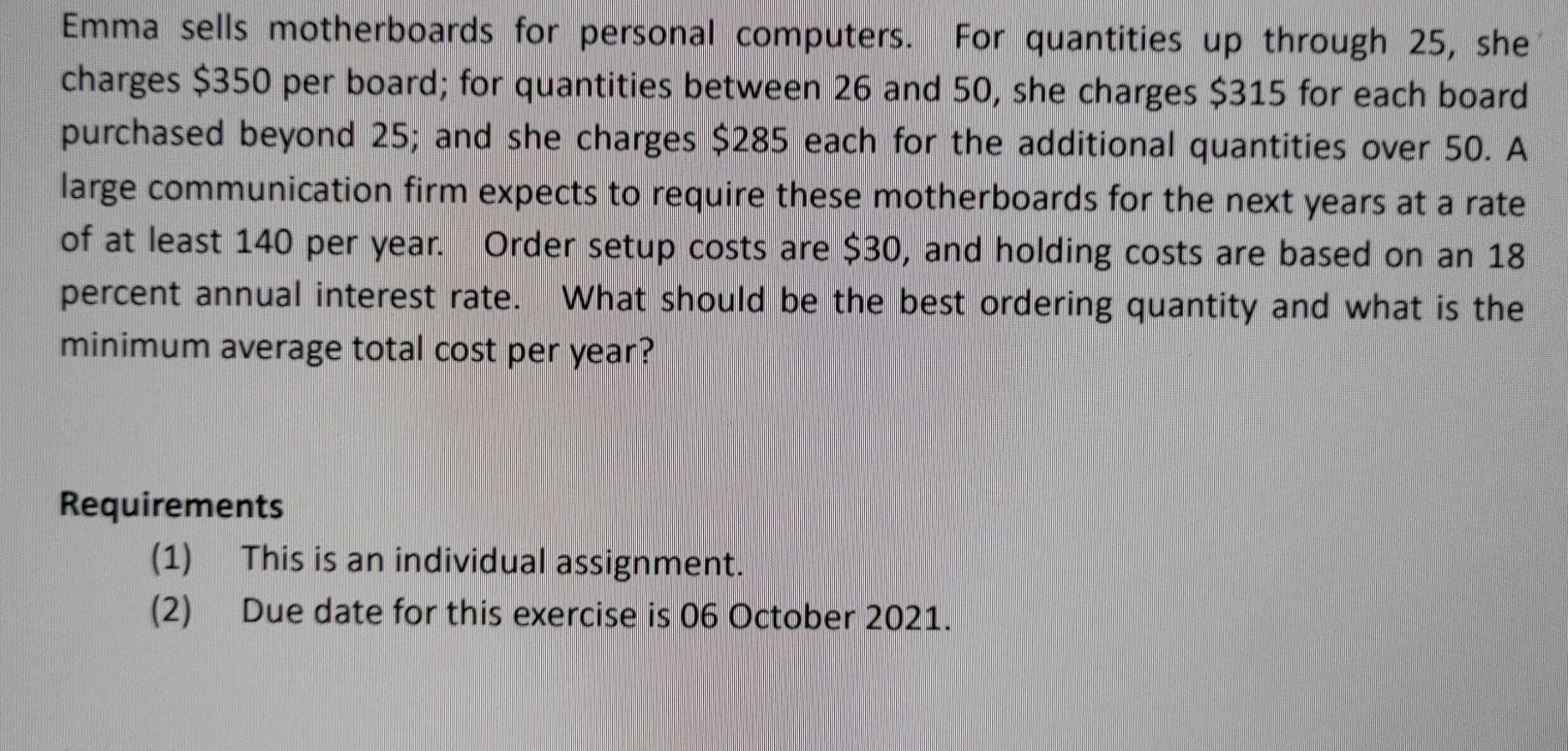 Solved Emma Sells Motherboards For Personal Computers For Chegg