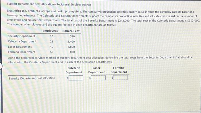 Solved Support Department Cost Allocation Reciprocal Chegg