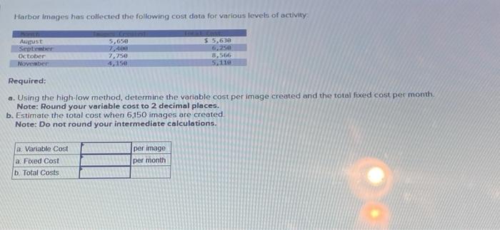 Solved Harbor Images Has Collected The Following Cost Data Chegg