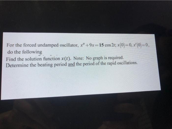 Solved For The Forced Undamped Oscillator X 9x 15 Cos 21 Chegg