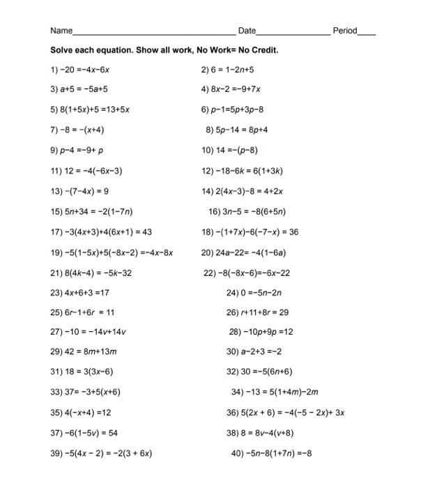 Solved Period Name Date Solve Each Equation Show All Work Chegg