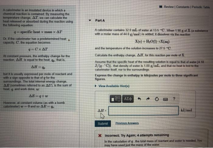 Solved Review Constants Periodic Table Part A A Calorimeter Chegg