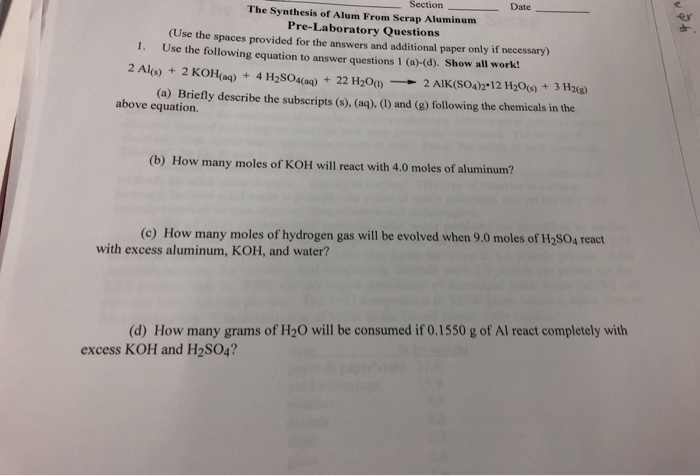 Solved Section Date The Synthesis Of Alum From Scrap Chegg