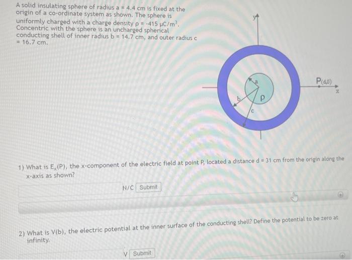 Solved A Solid Insulating Sphere Of Radius A 4 4 Cm Is Fixed Chegg