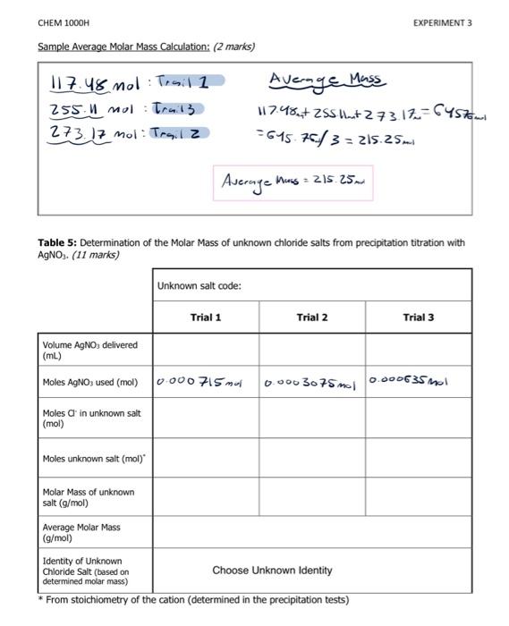 CHEM 1000H EXPERIMENT 3 Question 4 Calculate The Chegg