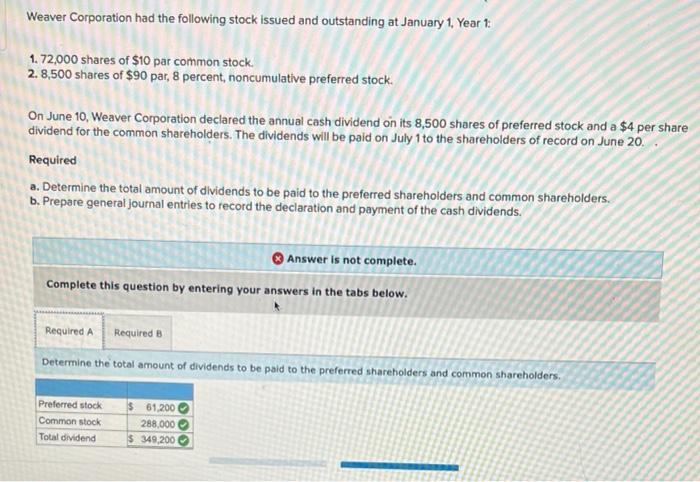Solved Weaver Corporation Had The Following Stock Issued And Chegg