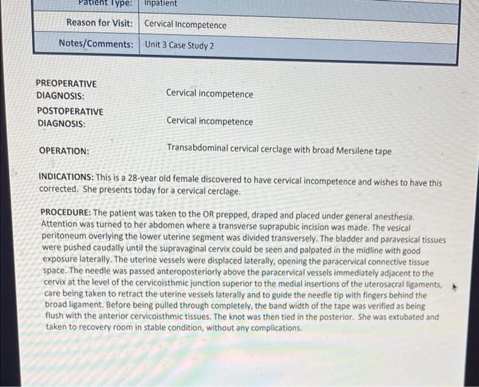 Preoperative Diagnosis Cervical Incompetence Chegg