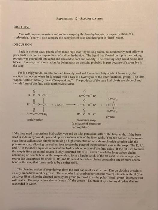 Solved Experiment Saponification Objective You Will Chegg