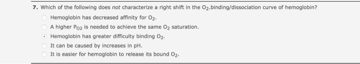 7. Which of the following does not characterize a right shift in the O2-binding/dissociation curve of hemoglobin? Hemoglobin has decreased affinity for O2 A higher Po2 is needed to achieve the same O2 saturation. Hemoglobin has greater difficulty binding 02 It can be caused by increases in pH. It is easier for hemoglobin to release its bound O2.