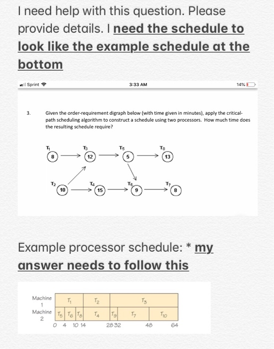 I need help with this question. Please provide details. I need the schedule to look like the example schedule at the bottom #811 Sprint令 3:33 AM 14% 3 Given the order-requirement digraph below (with time given in minutes), apply the critical- path scheduling algorithm to construct a schedule using two processors. How much time does the resulting schedule require? 万 10)-→ (15)-( 9 Example processor schedule: * my answer needs to follow this Machine T Machine T T T9 2 0 4 10 14 28 32 48 64