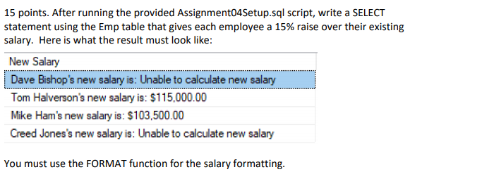 15 points. After running the provided Assignment04Setup.sql script, write a SELECT statement using the Emp table that gives e