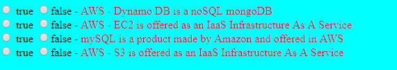 false - AWS - Dynamo DB is a noSQL mongoDB false-AWS- EC2 is offered as an IaaS Infrastructure As A Service true true true fa